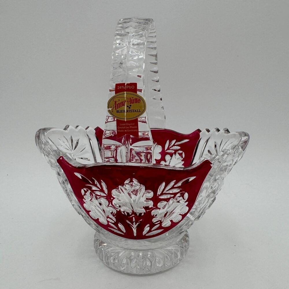 Vintage 6" Handled Basket in Oxford Rose Ruby Anna Hutte 24% PbO Lead Crystal